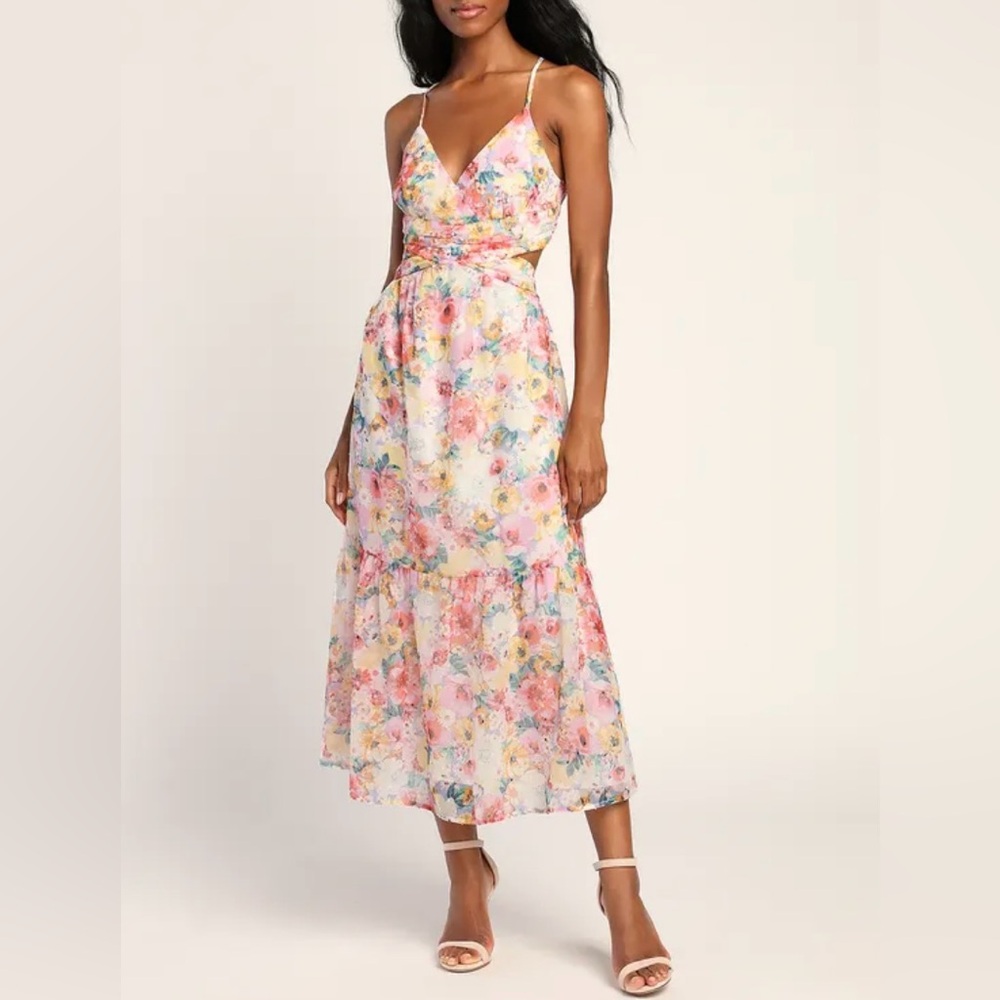 Lulus Flower Fields Pink Multi Floral Print Lace-Up Midi
Dress